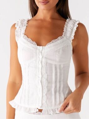 Peppermayo White Lace-Trim Button Front Camisole Top